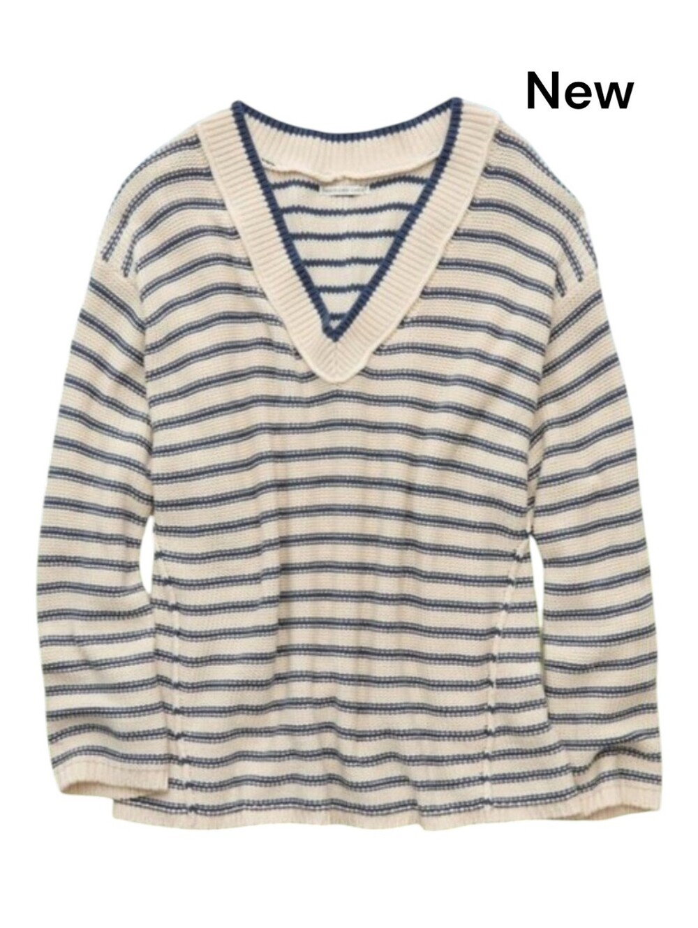 New! American Eagle Striped Knit V-Neck Oversized Sweater XL Blue White
